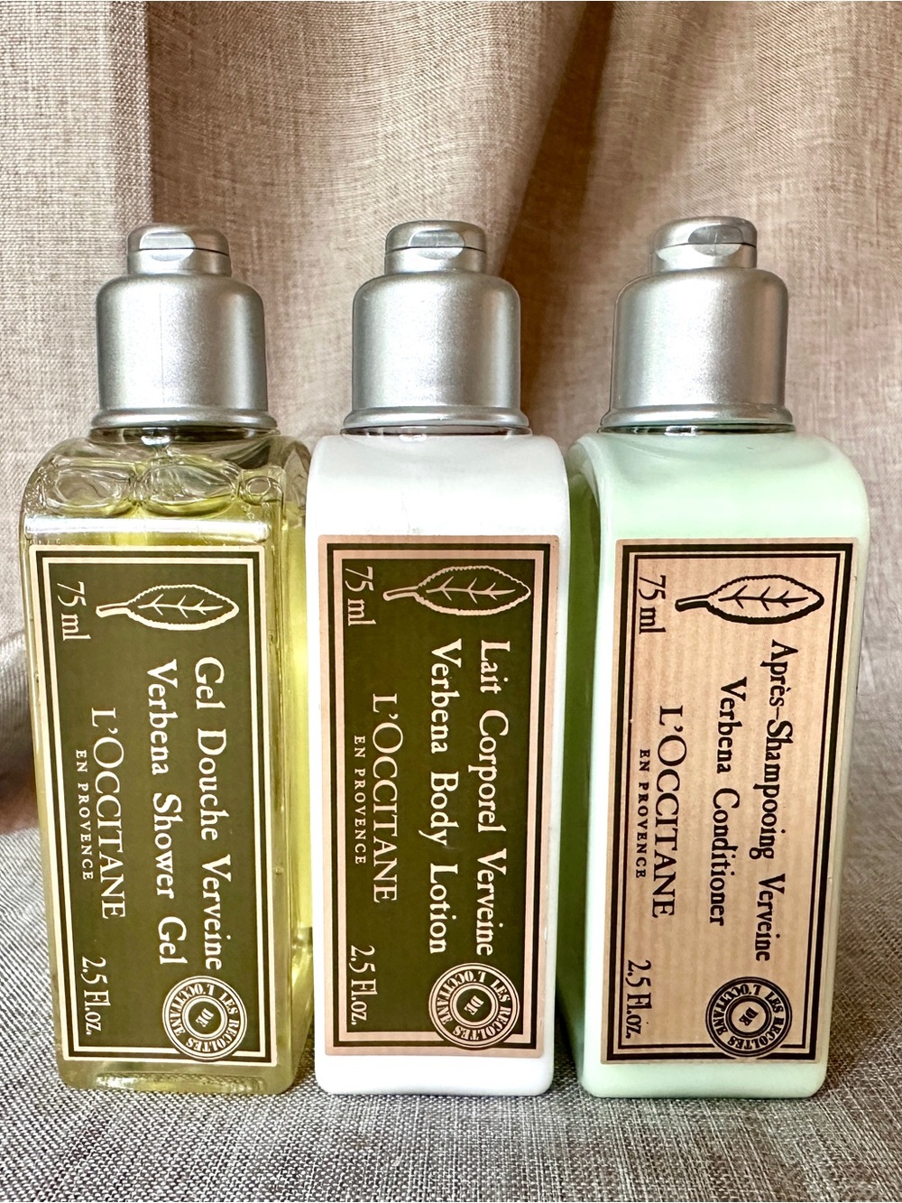 L’Occitane Verbena Lotion Conditioner & Shower Gel 2.5 Oz Travel Set 3 Piece New